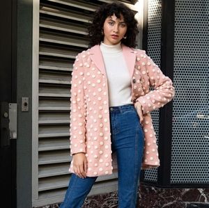 ModCloth Pink and White Polkadot Wool Coat XL